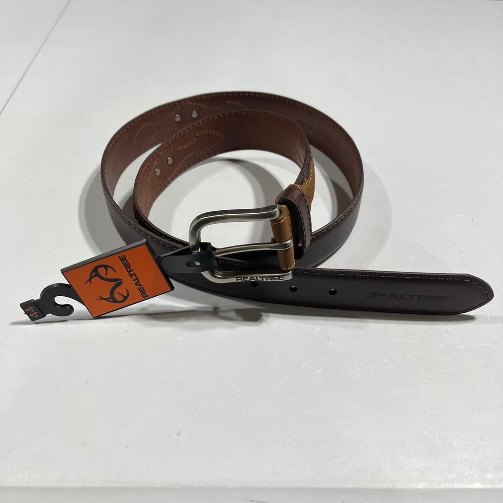 Realtree Mens Brown Genuine Leather Antler Logo Belt Size 44 Western Utility